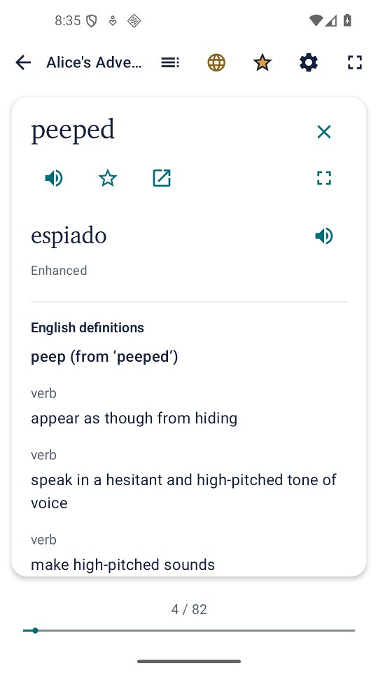 A phone showing a page of Alice's Adventures in Wonderland with a lookup card for the word peeped: the Spanish translation espiado, the source line Enhanced, and English definitions of peep.