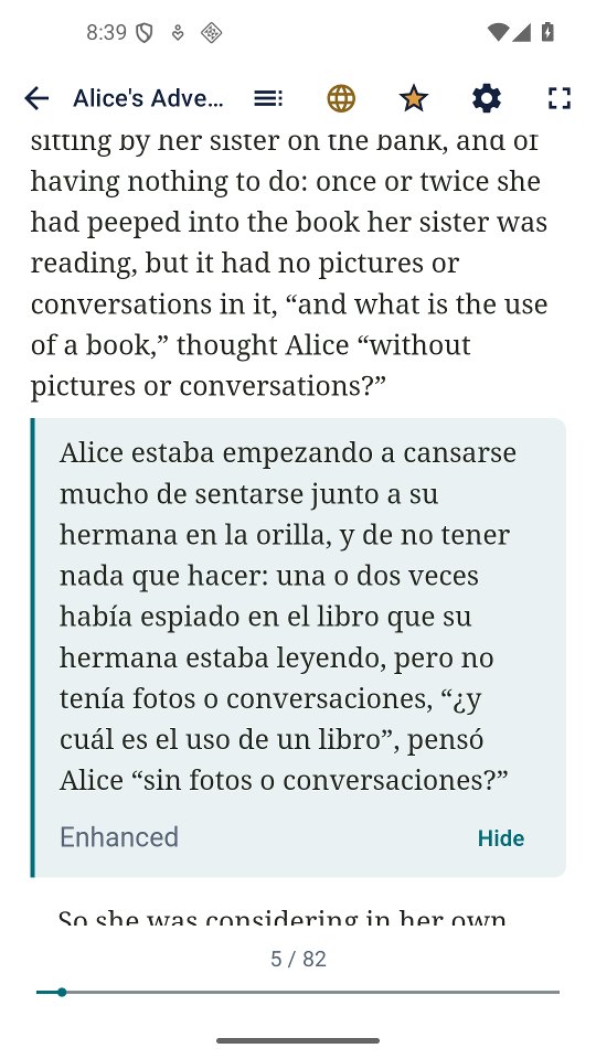 The same chapter with a tinted block under the first paragraph showing its full Spanish translation, labelled Enhanced, with a Hide link.